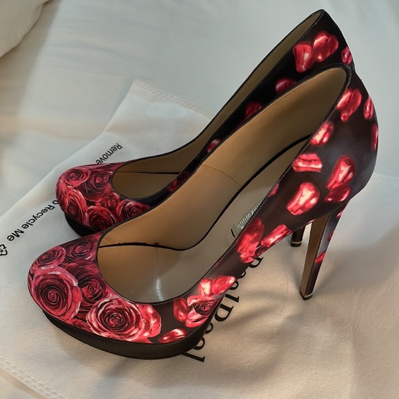 Nicholas Kirkwood Pink Satin Rose Print Platform Heels - Picture 2 of 7